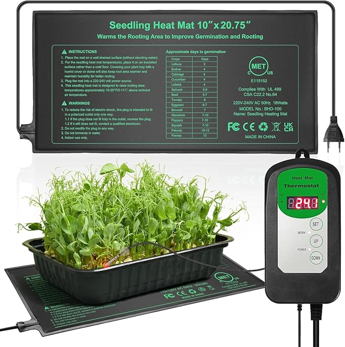 Bestio10"x 20.75" Seedling Heat Mat and Digital Thermostat Combo Set,MET & UL Certified Plant Heat Mat Heat mat for Plants for Germination,Suitable for Indoor Gardening,Greenhouse, Plants Germination