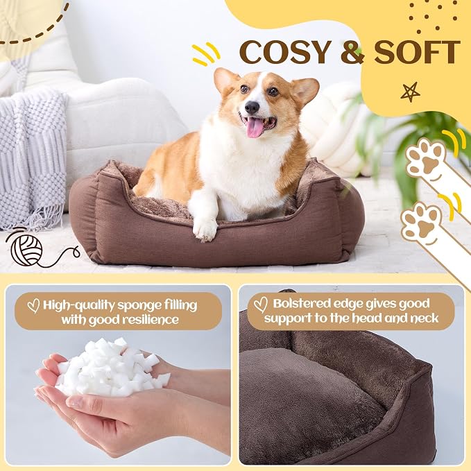Makigued Rectangle Dog Bed for Medium Size Dog with Removable Washable Cover Pet Bed with Bolster Sides Non-Slip Bottom Pet Sofa Waterproof Lining Durable Pet Cuddler, Dark Brown, 25x 20x 6.7 in