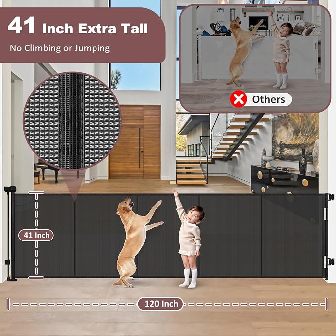 Reinforced 41" Tall × 120" Extra Wide Retractable Baby Gate with Support Rods, Indoor Extra Long Baby Gate Retractable Dog Gate Outdoor Retractable Gate Extra Tall Pet Gate for Large Openings, Black