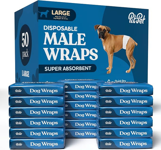 Comfortable Male Dog Diapers - 50-Pack Super Absorbent Disposable Male Dog Wraps- FlashDry Gel Technology, Wetness Indicator Doggie Diapers- Leakproof Belly Wraps for Incontinence, Excitable Urination