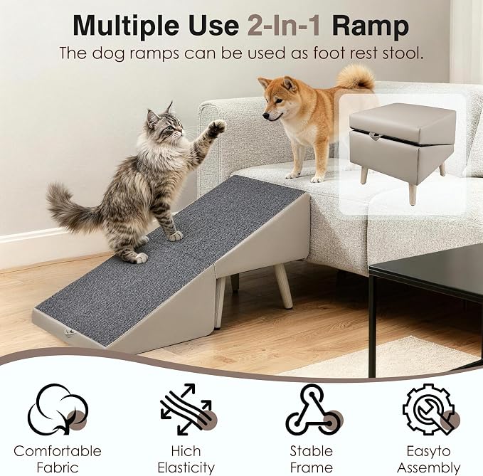 Split Ottoman Dogs Ramp, Dog Ramp for Couch and Bed, Dog Stairs for Small Dogs and Cats, 2-in-1 Foldable Wooden Pet Stairs and Ottoman,Non-Slip Fabric Surface Ramp for Couch and Bed Gray