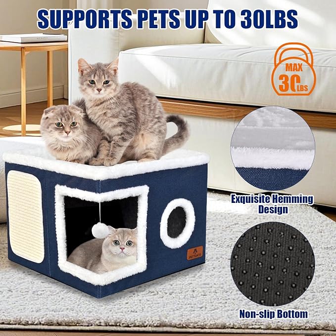 Cat Beds for Indoor Cats, Large Cat Cave Bed with Scratch Pad and Fluffy Ball, Foldable Cat Hideaway, Cat House with Reversible Cushion for Multi Small Pet Up to 30LBS, Blue
