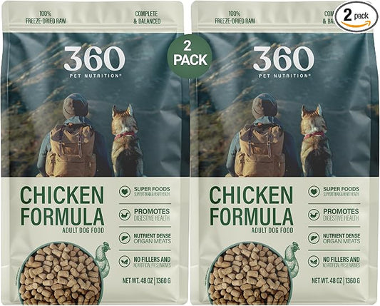 360 Pet Nutrition Freeze-Dried Raw Dog Food – Chicken Recipe with Liver & Organs, High Protein, Omega-3s, Fruits, Veggies & Superfoods, Grain-Free, No Filler 2 x 48 oz Made in USA
