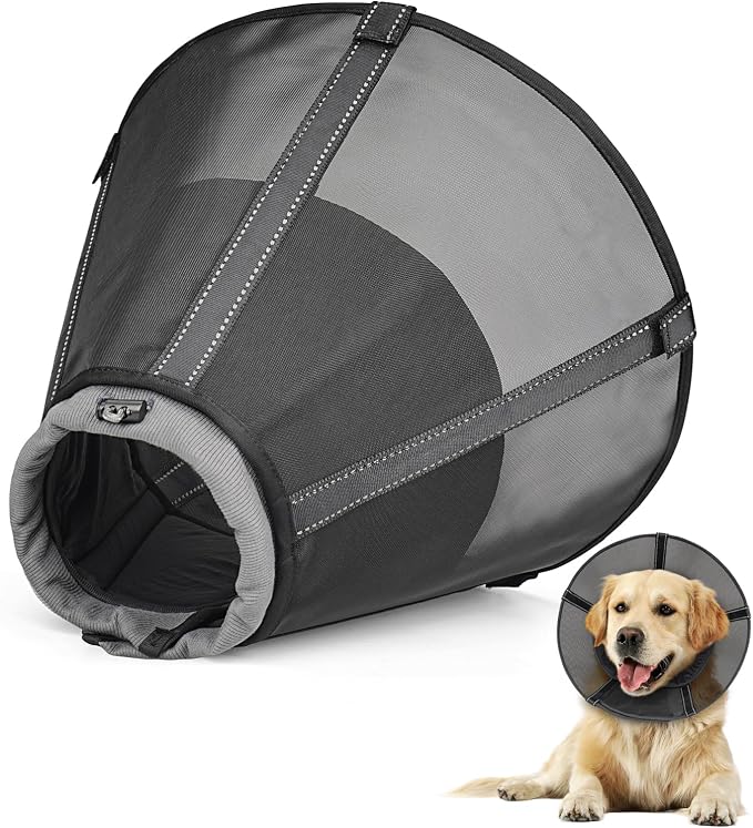 Dog Cone Collar to Stop Licking: Soft Mesh Recovery Collar After Surgery with Detachable Pad, Elizabeth Cone Alternative for Large Medium, Small Dogs, Normal Eating and Drinking,L,Matte Black
