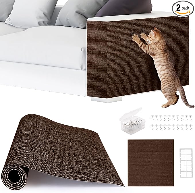 2pack Cat Scratch Couch Furniture and Wall Protector | Adhesive Cat Scratch Pad for Covering Cat Tower, DIY Climbing Cat Scratcher Couch Protector from Cat Claws Scratching (Brown)