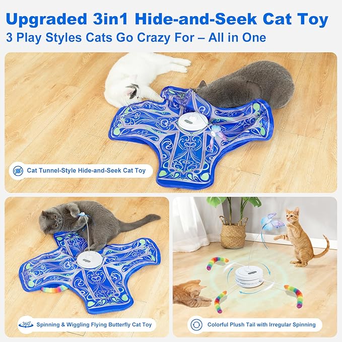 Interactive Hide and Seek Cat Toy with Blue Cover + 3 Plush Tail Wand Replacements