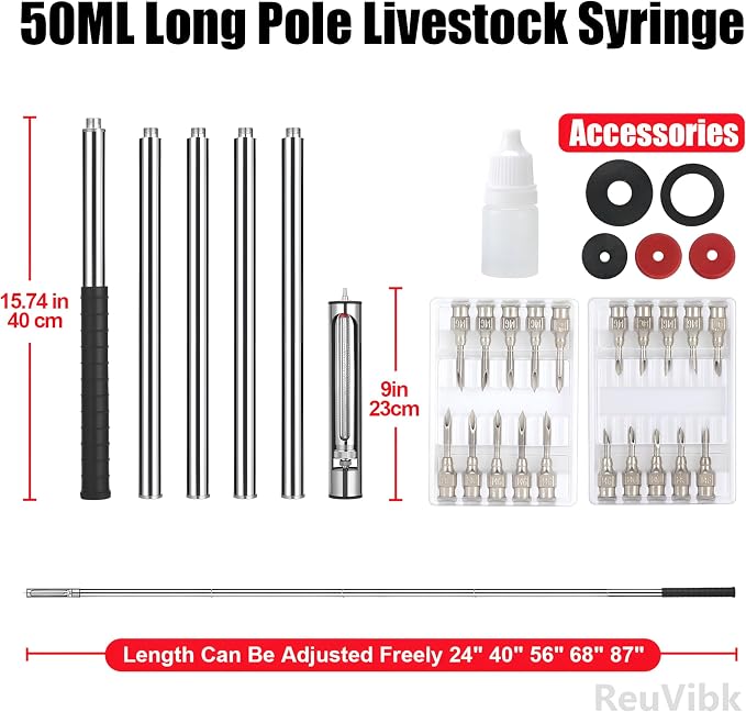 50 ML Livestock Iong Shot Pole Syringe, Cattle Syringe Gun | Length Can Be Adjusted Freely 24"40"56"68"87", Remote Safe Operation for Cattle Horses Large Animals