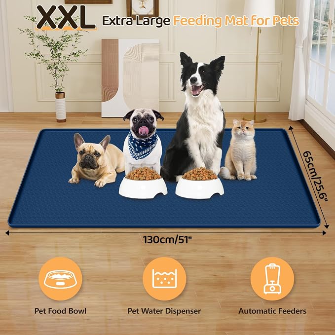 Dog Food Mat, Extra Large 51" x 25.6" Silicone Pet Feeding Mat with Raised Edge Pet Placemat for Small, Medium, and Large Pets Non-Slip, Easy to Clean (Navy Blue)