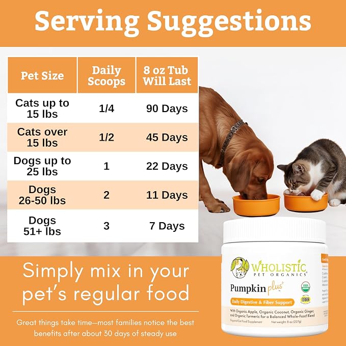 Wholistic Pet Organics Pumpkin Powder for Cats & Dogs - Fiber Supplement Helps with Digestion, Nutrient Absorption, Diarrhea, Constipation - Organic Pumpkin for Dogs & Cats - Puree Food Topper - 8 oz