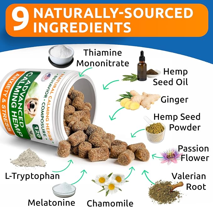 Advanced Calming Hemp Treats for Dogs - Hemp Oil + Melatonin - Anxiety Relief - Separation Aid - Stress Relief During Fireworks, Storms, Thunder - Aggressive Behavior, Barking - 240 Chews (2pack)