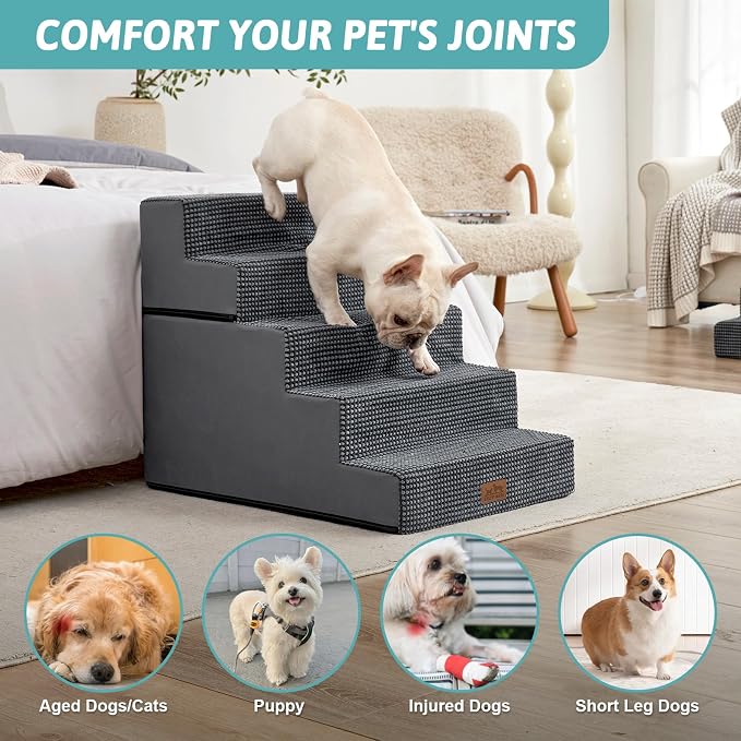 COZY KISS Dog Stairs for Small Dogs, 5 Tier Removable Wider Pet Stairs for Couch and Bed, 23.6" H Non-Slip Dog Steps for Puppies and Old Cats with Support Board, 19.7x29.5x23.6 inch, Dark Grey