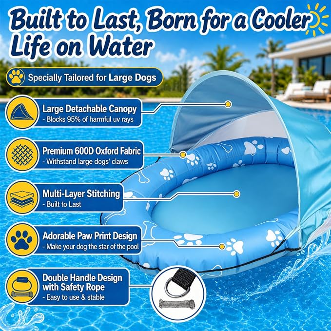 Dog Pool Float with Canopy - Heavy Duty 600D Oxford Anti-Tear Dog Raft, UPF 50+ Removable Sun Shade Inflatable Dog Float for Small, Medium & Large Dogs, Water Summer Toy for Lake & Pool, 55" x 35"