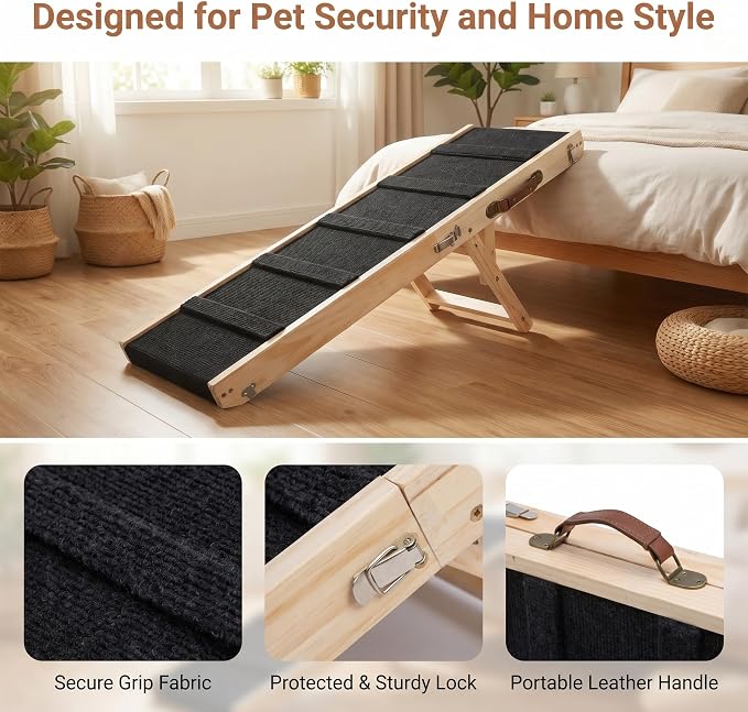 Wooden Dog Ramp for Bed and Couch, 4 Adjustable Heights Folding Pet Ramp with High Traction Fabric Surface, Portable Solid Pine Wood Dog Steps for Couch, Max 25KG (Trumpet)