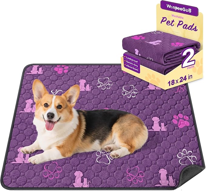 WanpeeGoo Washable Pee Pads, Puppy Pee Pad for Dogs, 2 Pack Absorbent Reusable Training Dog Pads Pet Puppy Pads, Non-Slip Potty Pads for Whelping, Playpen, Crate, Bed, Purple 18"x24"