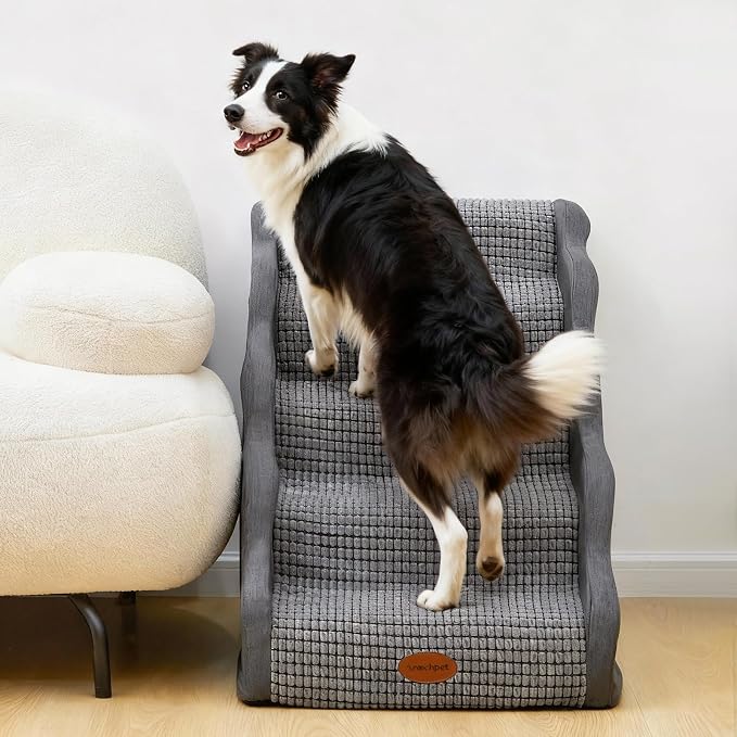 Woochpet Side Armrest Dog Stairs for High Beds Up to 26-30", 5-Step Pet Ramp with Weighted Base Plate, Washable Cover, Gentle Slope Steps, Bed & Couch Ladder for Small Medium Dogs & Senior Cat