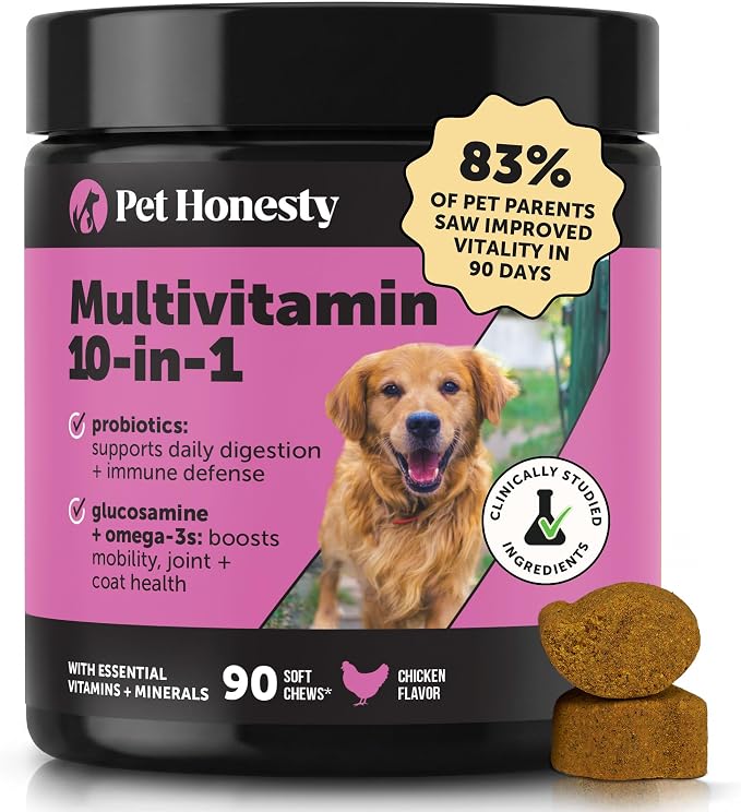 10-in-1 Dog Multivitamin Supplement with Glucosamine & Probiotics - Hip & Joint Support, Digestive Health, Immune Support, Heart & Skin - All-in-One Daily Vitamins & Omega-3s for Dogs (Chicken, 90 Ct)
