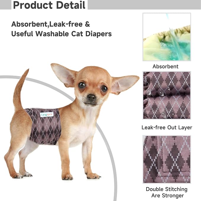 Langsprit Male Belly Bands for Dogs (Pack of 3) - High Absorbing Washable Dog Wraps - Reusable Small Doggy Puppy Diapers Plaid-1 M