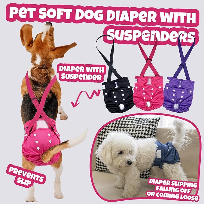 Pet Soft Dog Diapers Female with Suspenders, 3 Pack Reusable Female Dog Diapers for Heat, Dog Period Panties for Doggie in Cycle(Small, Berry Mix)