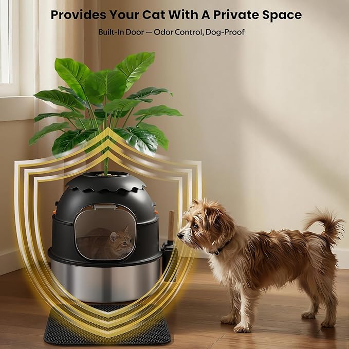 Hidden Litter Box, Stainless Steel Litter Box with Faux Plant Decor, Litter Box Enclosure with Clear Front Door, Includes Scoop & Litter Mat, Odor Control, Easy to Clean (Black)