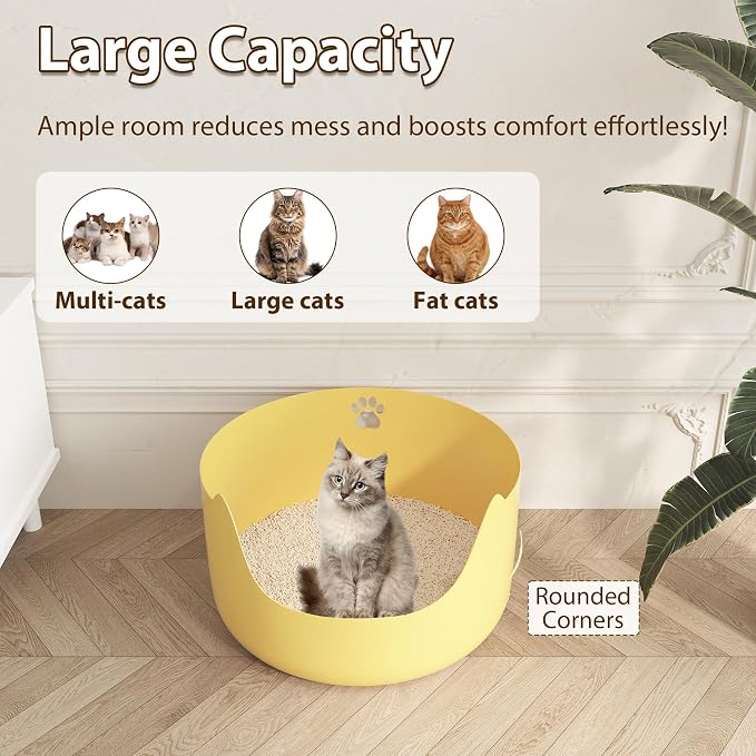 High Sides Low Entry Large Litter Pan (21.6x21.6x13.1 Inches), All-in-One Easy to Clean Plastic Litter Box for Kittens, Elderly & Large Cats, Doubles as Stylish Cat Bed, Yellow