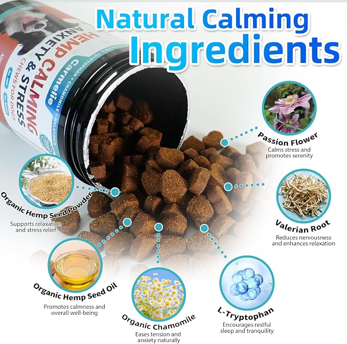 Carmelie Hemp Calming Chews for Dogs, Advanced Dog Calming Treats for Dogs Anxiety and Stress Relief with Valerian Root Chamomile Melatonin- Separation, Barking, Stress & Sleep- 200 ct Chicken Flavor