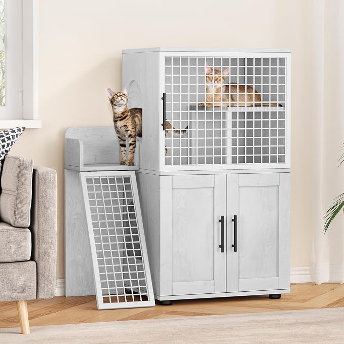 Cat Litter Box Enclosure Furniture with Double Layer Design, Hidden Litter Box & Lounge Villa for Indoor Cats - Includes Ladder, Platform, and Washroom Space for Living Room, Antique White