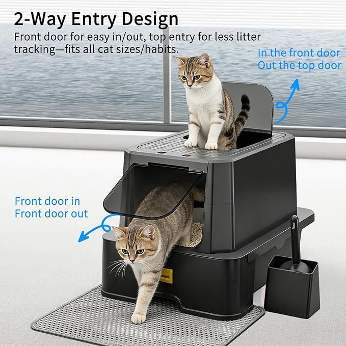 RIZZARI Stainless Steel Cat Litter Box with Lid – Enclosed Metal Litter Box Furniture Style, High Sided Leakproof with Pull-Out Drawer, Odor Control Spray & Top Entry Design for Large Cats