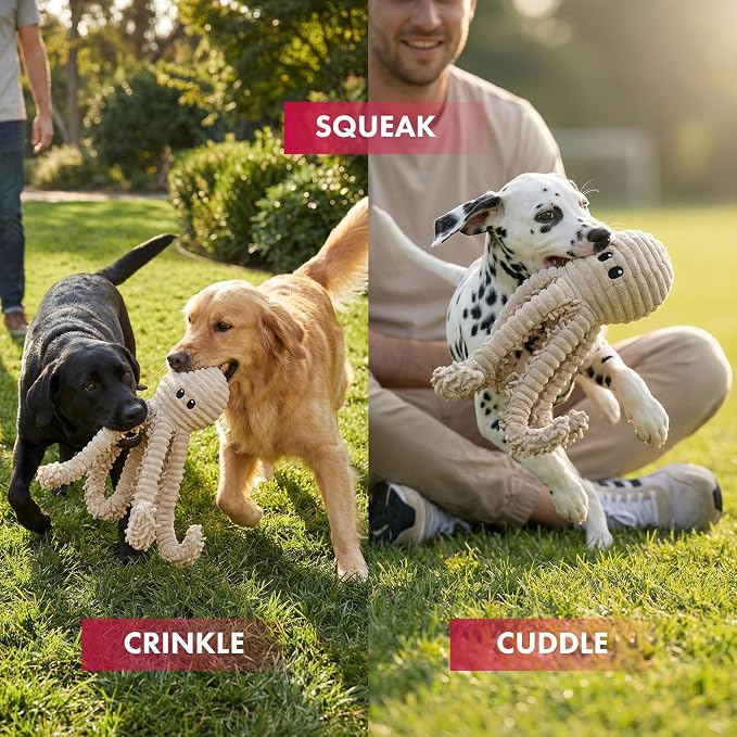 petlou Durable Natural Nubby Plush Dog Toys with Squeaker and Crinkle Paper in Multi-Size (Natural Octopus - L, 18 Inch)