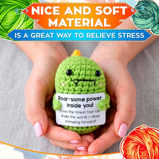 Reluen Crochet Dinosaur, Roar-Some Power Inside Handmade Mini Dinosaur Crochet Animal with Inspirational Affirmation Card, Dinosaur Desk Accessories Gift for Women Men Adults Mom Daughter Coworker