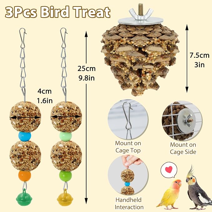 2pcs Bird Spinner Toys for Parrots and Parakeet Treat Sticks, Natural Wood Parakeet Toys with Bells and Natural Honey Snacks for Cockatiel, Conure, Lovebird, Budgie, Quaker