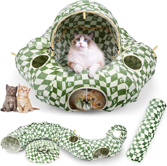 Cat Bed and Tunnel Toy - Cat Donut with Straight Tunnel, Washable Cushion, 4 Hanging Balls, 6 Peek Holes, Collapsible, Green