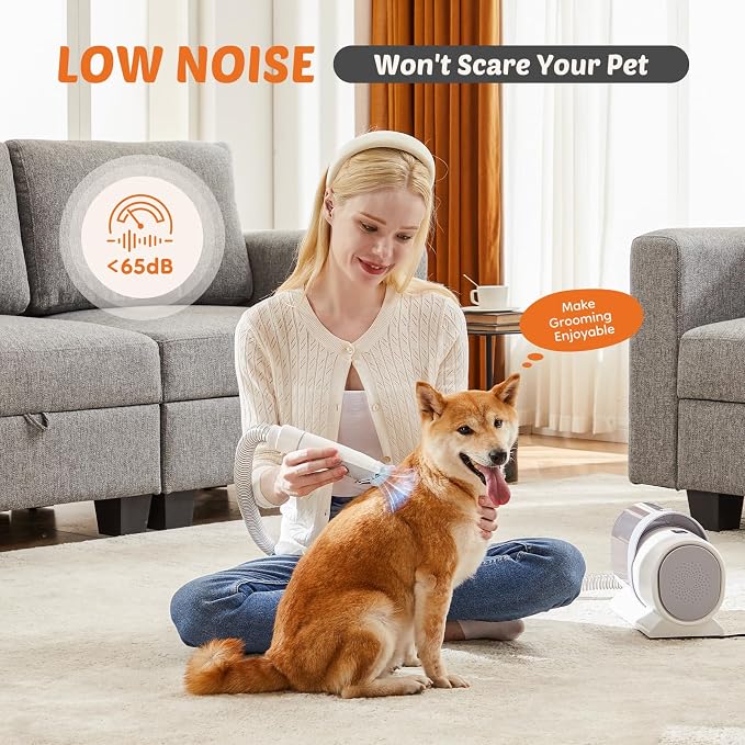 DUMOS Pet Grooming Vacuum Kit, 3 Adjustable Suction Modes Dog Hair Clipper, 5 Professional Grooming Tools with Low Noise Cat Hair Clippers, 2.5L, Ivory