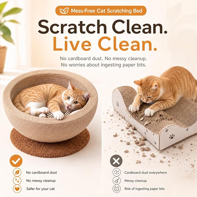 Novabright Sisal Cat Scratcher Bed with Solid Wood Base 15 x 15 x 7.87 Inch 2-in-1, Round Scratching Nest Lounge for Indoor Cats, Adjustable Tilt or Flat Installation, Jute Cat Scratching Bowl
