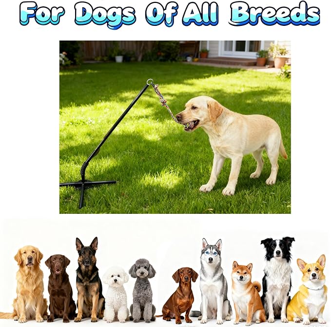 Tether Tug Outdoor Dog Toy, Interactive Exercise Game for Yard & Park with 3 Rope Toys for Tug of War, Pull Chase and Solo Play for Large Medium Small Dogs
