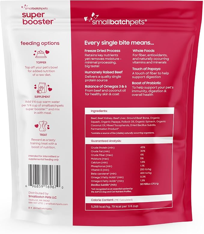 smallbatch Freeze Dried Dog Treats, Superfood Food Topper Beef Bites for Dogs & Cats, Probiotics, Organic Ingredients, High Protein, Grain Free Healthy Treat Food Topper, Made in the USA, 7 oz Bag