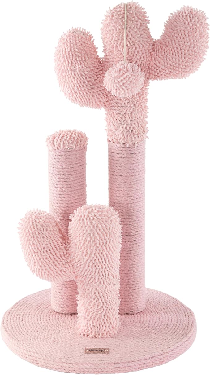 Marfa 21.5" Modern Triple Cactus Cat Scratching Post with Fuzzy Toy, Natural Jute Rope Scratcher with Weighted Non-Slip Base, Pink CTR1008C