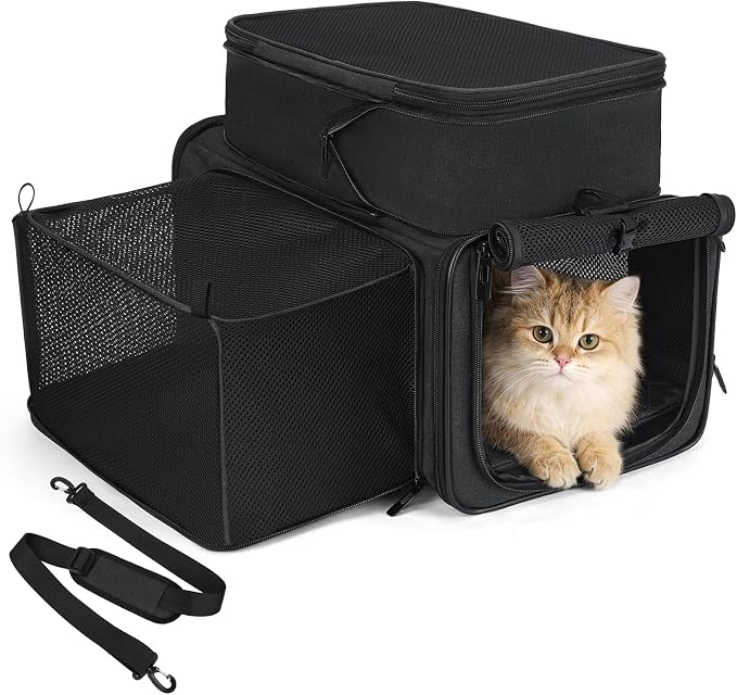Apollo Walker Cat Carrier Airline Approved, Expandable Travel Pet Carrier with Locking Zippers, Soft-Sided for Small Medium Pets, Foldable Portable Pet Travel Bag (Black)