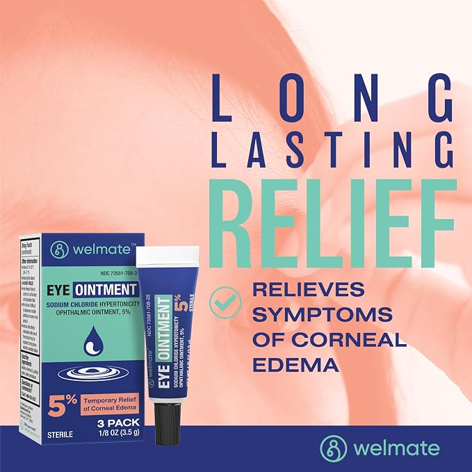 WELMATE Eye Ointment (3 Tubes) - Sodium Chloride Hypertonicity Ophthalmic Ointment 5% - Corneal Edema Relief - Sterile, Non-Greasy - Lanolin & Mineral Oil - 1/8 oz (3.5g) per Tube