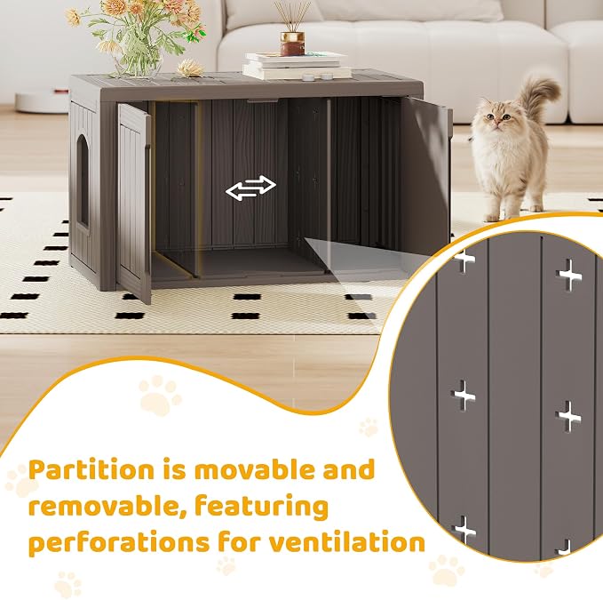 Cat Litter Box Enclosure, Multi-Functional Hidden Enclosed Litter Box Furniture with Adjustable Partition, Indoor Outdoor Cat House Weatherproof, Side Table, Easy to Clean & Assemble, Grey