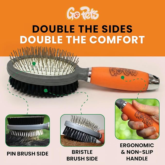 GoPets Double-Sided Pin & Bristle Brush – Grooming Tool for Dogs & Cats for Detangling, Shedding Control, Slicker Brush for Long-Haired Pets, Fur Removal for Healthy Coat, Ergonomic Handle