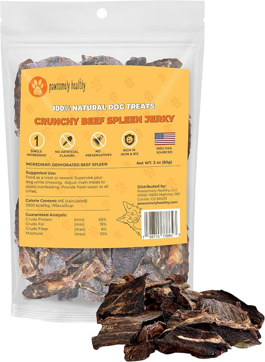 Pawsomely Healthy Beef Spleen Dog Treats – 100% Single Ingredient Air-Dried Jerky – No Fillers or Additives, Grain-Free – Rich in Iron & B12 – Made in USA, 3 oz