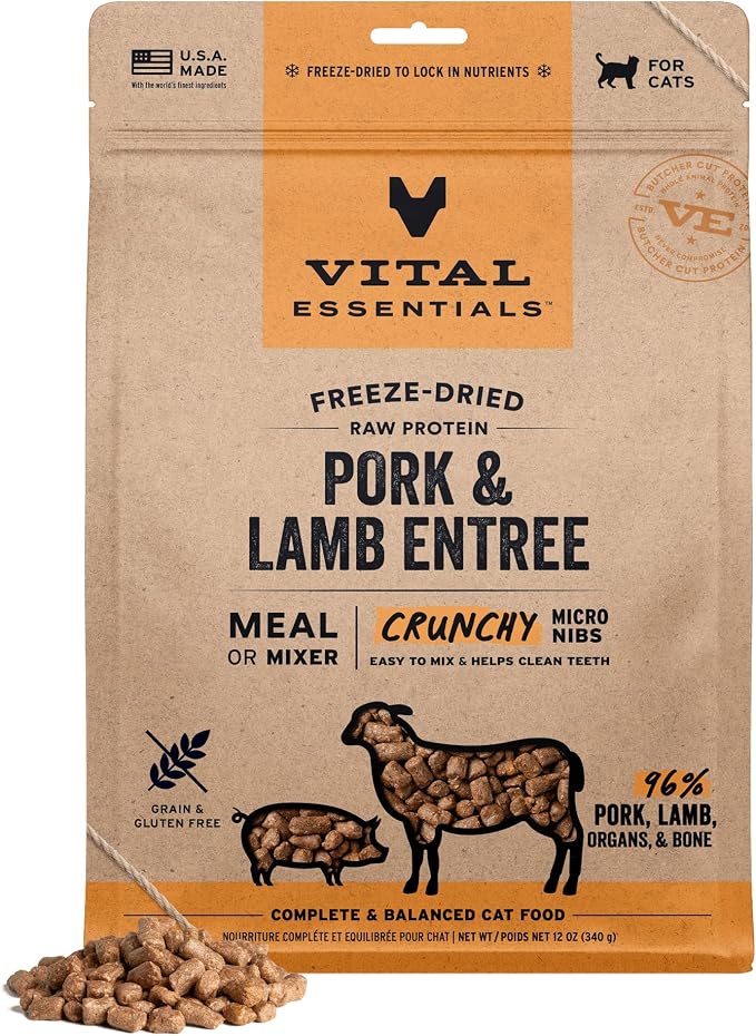 Vital Essentials Freeze Dried Cat Food, Raw Protein Pork & Lamb Micro Nibs | Complete Meal or Mixer | 96% Meat, Organs & Bone | High Protein, Low Carb, Grain Free, Dry Cat Food | 12 oz