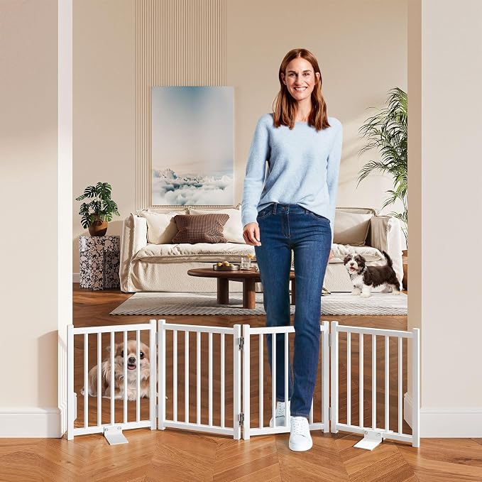 Snughome 2 Pack Short Dog Gate Indoor, 16" High Freestanding Small Dog Gates with Support Feet, Expand Up to 48’’Wide Foldable Pet Gate for Doorway, 8 Panel Pet Door Pet Fence for Puppy, White