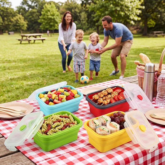 Mifoci Set of 8 Silicone Collapsible Bowls for Camping with Vent Lid Silicone Storage Containers for Food Meal Preparation Square Bowl Microwave Freezer Dishwasher Safe (Candy Color,17 Oz/ 500 ml)