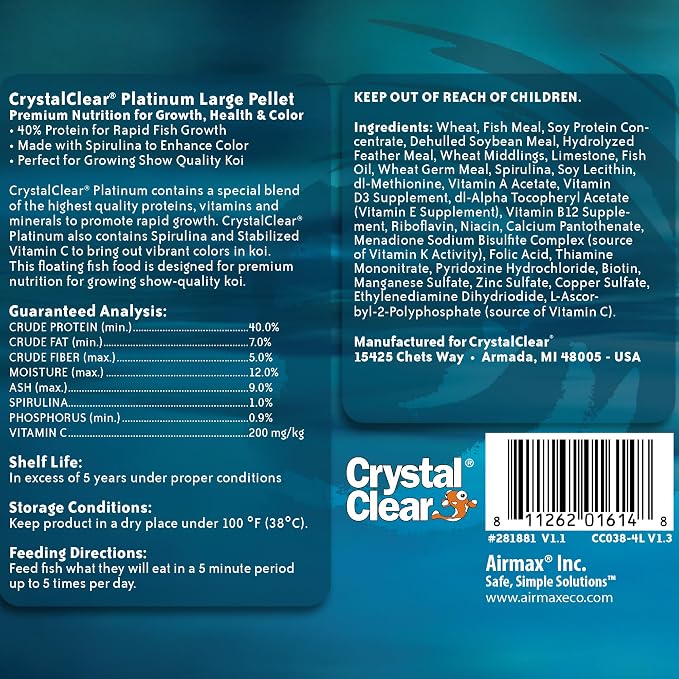 CrystalClear Platinum Fish Food, Premium Floating Pellets for Koi & Goldfish – Boost Growth, Color, and Wellness in Backyard Ponds & Water Gardens, 5mm Pellets, 2.2 Lbs