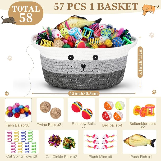 Zopeal 58 Pcs Summer Graduation Cat Storage Basket Gift Toys Set, Colorful Flashing Balls Pet Bell Crinkle Balls Spring Toys Attract Cat to Swat, Hunt, Interactive for Pet(Multicolor,12 Inch)