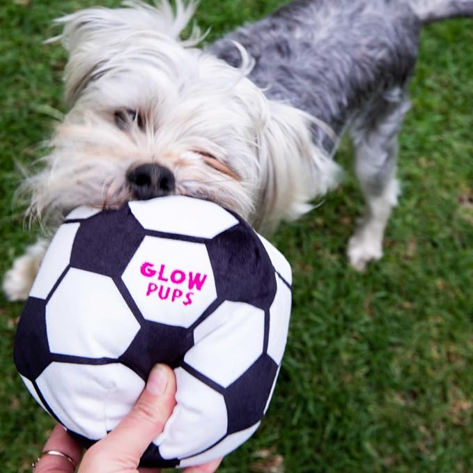 Glow Pups Plush Soccer Ball Dog Toy with Squeaker, Black and White