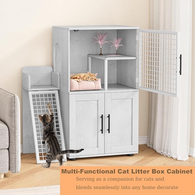 Garvee Dog Proof Cat Feeding Station, Cat Litter Box Enclosure Furniture, Hidden Litter Box Cabinet with Ladder and Door, Large Indoor Cat House with Storage, Large Pet Cabinet