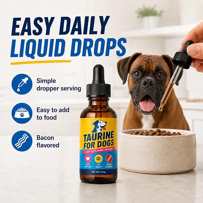 Taurine for Dogs, Bacon Flavored Heart & Eye Wellness Drops with Eyebright, 100mg Taurine Per 1mL, Daily Dog Amino Acid Support, for Small, Medium & Large Dogs, 1 fl oz