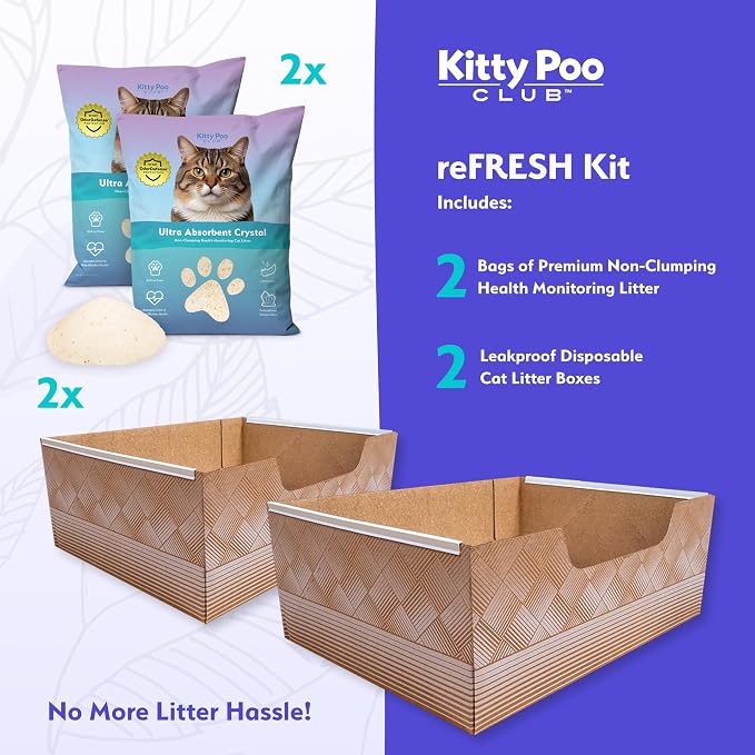 Kitty Poo Club Disposable Cat Litter Box 2-Pack with 2 Bags Ultra-Absorbent Silica Crystal Litter, Patented Leak-Proof Design, 30-Day System, Low Dust, Perfect for Travel and Multi-Cat Homes